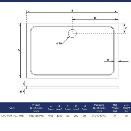 1000-900-REC-WTE Scudo Shires 1000 x 900mm Rectangular White Shower Tray Dimensions