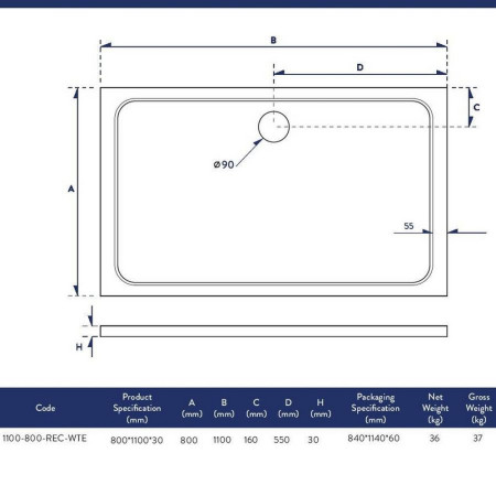 1100-800-REC-WTE Scudo Shires 1100 x 800mm Rectangular White Shower Tray Dimensions