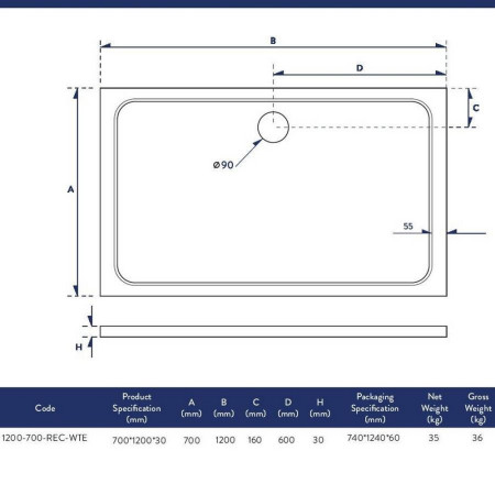 1200-700-REC-WTE Scudo Shires 1200 x 700mm Rectangular White Shower Tray Line