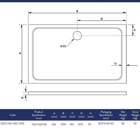 1200-760-REC-WTE Scudo Shires 1200 x 760mm Rectangular White Shower Tray Dimensions