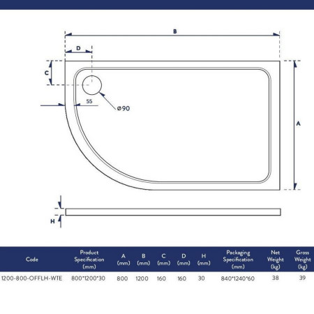 1200-800-OFFLH-WTE Scudo Shires 1200 x 800mm Offset Quadrant Left Hand Shower Tray Line