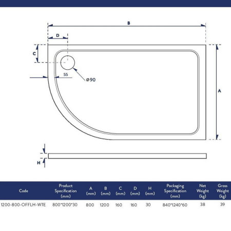 1200-800-OFFLH-WTE Scudo Shires 1200 x 800mm Offset Quadrant Left Hand Shower Tray Dimensions