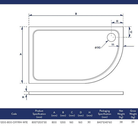 1200-800-OFFRH-WTE Scudo Shires 1200 x 800mm Offset Quadrant Right Hand Shower Tray Dimensions