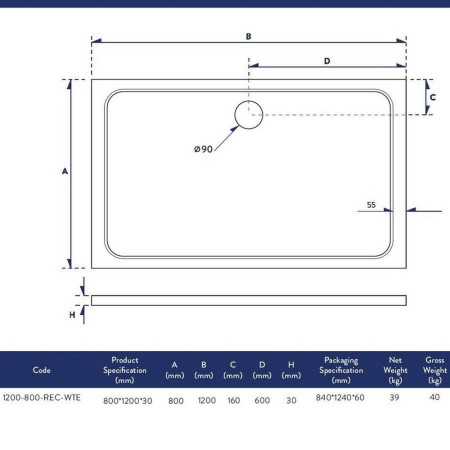 1200-800-REC-WTE Scudo Shires 1200 x 800mm Rectangular White Shower Tray Dimensions