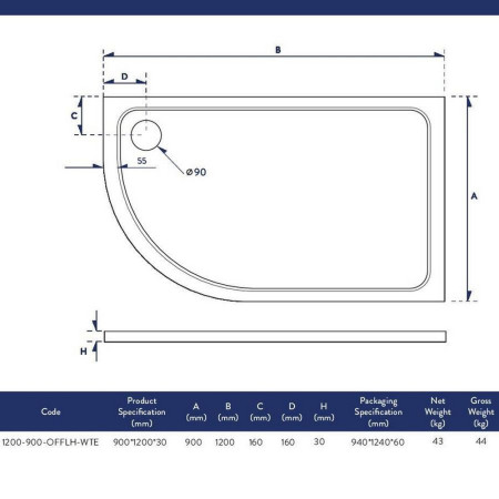 1200-900-OFFLH-WTE Scudo Shires 1200 x 900mm Offset Quadrant Left Hand Shower Tray Line