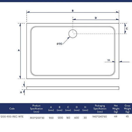 1200-900-REC-WTE Scudo Shires 1200 x 900mm Rectangular White Shower Tray Dimensions