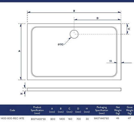 1400-800-REC-WTE Scudo Shires 1400 x 800mm Rectangular White Shower Tray Dimensions