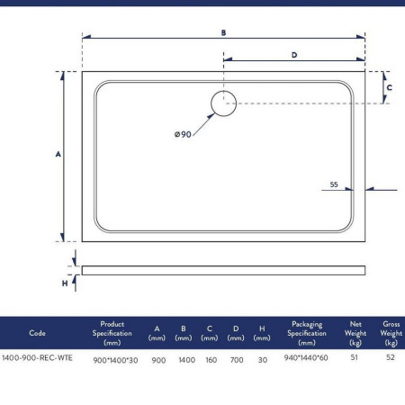1400-900-REC-WTE Scudo Shires 1400 x 900mm Rectangular White Shower Tray Dimensions
