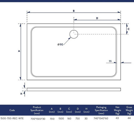 1500-700-REC-WTE Scudo Shires 1500 x 700mm Rectangular White Shower Tray Dimensions