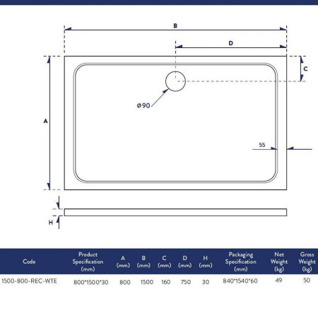 1500-800-REC-WTE Scudo Shires 1500 x 800mm Rectangular White Shower Tray Dimensions