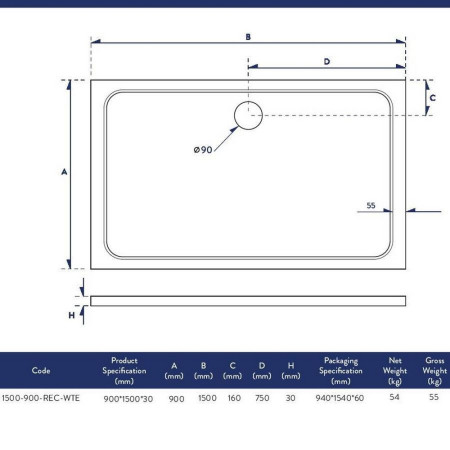 1500-900-REC-WTE Scudo Shires 1500 x 900mm Rectangular White Shower Tray Dimensions