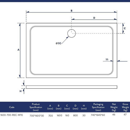 1600-700-REC-WTE Scudo Shires 1600 x 700mm Rectangular White Shower Tray Dimensions