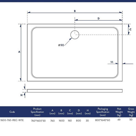 1600-760-REC-WTE Scudo Shires 1600 x 760mm Rectangular White Shower Tray Dimensions