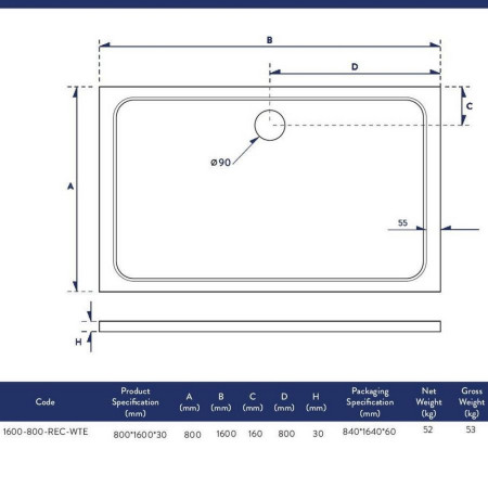 1600-800-REC-WTE Scudo Shires 1600 x 800mm Rectangular White Shower Tray Dimensions