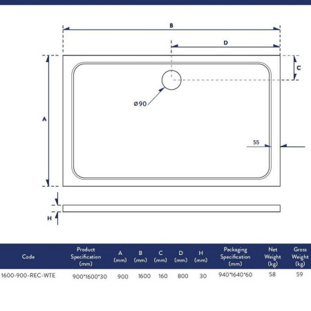 1600-900-REC-WTE Scudo Shires 1600 x 900mm Rectangular White Shower Tray Dimensions