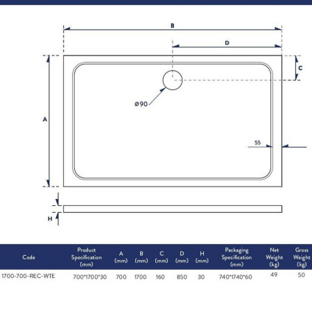 1700-700-REC-WTE Scudo Shires 1700 x 700mm Rectangular White Shower Tray Dimensions