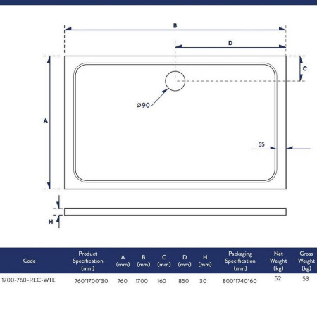 1700-760-REC-WTE Scudo Shires 1700 x 760mm Rectangular White Shower Tray Dimensions