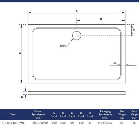 1700-800-REC-WTE Scudo Shires 1700 x 800mm Rectangular White Shower Tray Dimensions