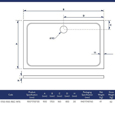1700-900-REC-WTE Scudo Shires 1700 x 900mm Rectangular White Shower Tray Dimensions