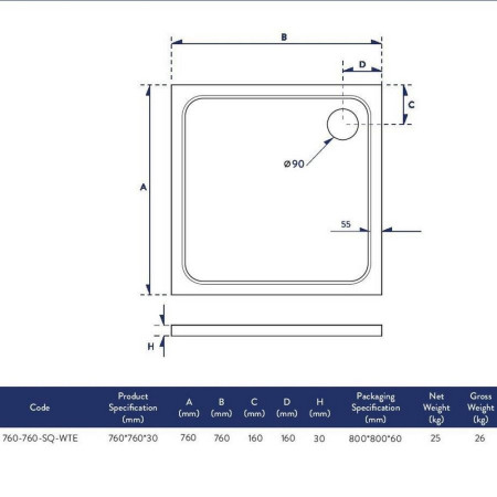 760-760-SQ-WTE Scudo Shires 760mm Square White Shower Tray Dimensions