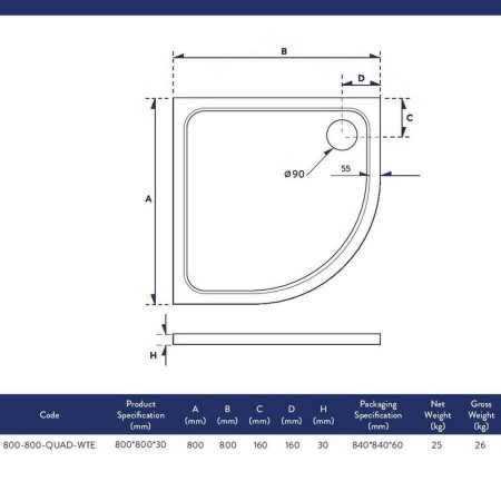 800-800-QUAD-WTE Scudo Shires 800mm Quadrant White Shower Tray Line
