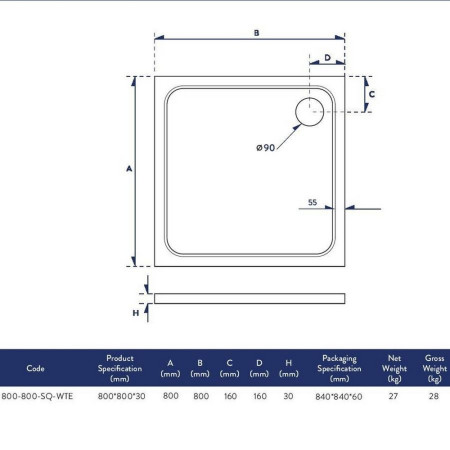 800-800-SQ-WTE Scudo Shires 800mm Square White Shower Tray Line
