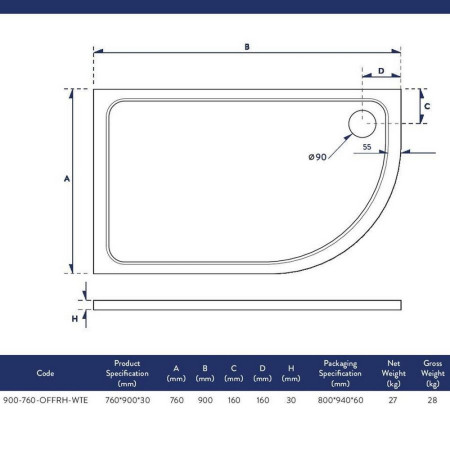 900-760-OFFRH-WTE Scudo Shires 900 x 760mm Offset Quadrant Right Hand Shower Tray Line