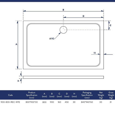 900-800-REC-WTE Scudo Shires 900 x 800mm Rectangular White Shower Tray Dimensions