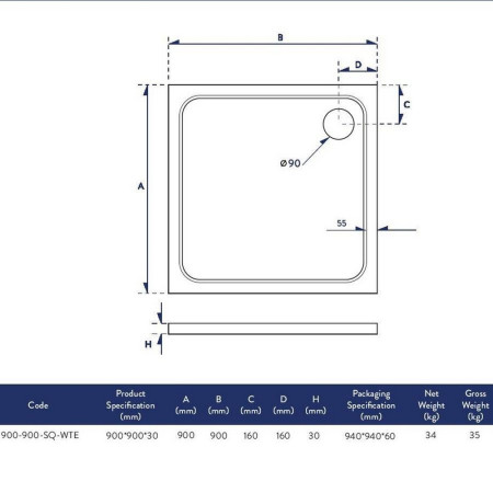 900-900-SQ-WTE Scudo Shires 900mm Square White Shower Tray Dimensions