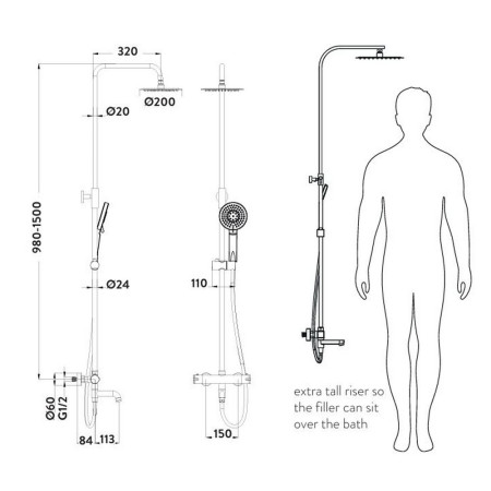 SHOWER011S Scudo Solar Rounded Rigid Riser Shower with Bath Filler Line Drawing