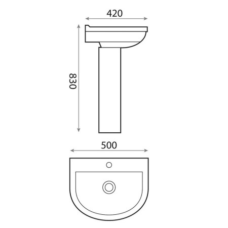 SPACE003/SPACE004 Scudo Spa 500mm Basin and Pedestal Line Drawing
