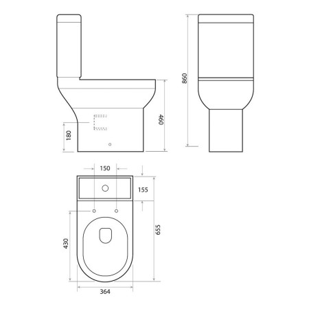 SPACE006/SPACE002/SEAT005 Scudo Spa Comfort Height Open Back Pan with Cistern & Soft Close Seat Dimensions