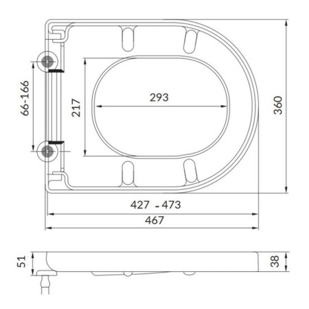 SEAT002D Scudo Spa D Shape Back to Wall Soft Closing Toilet Seat Line Drawing