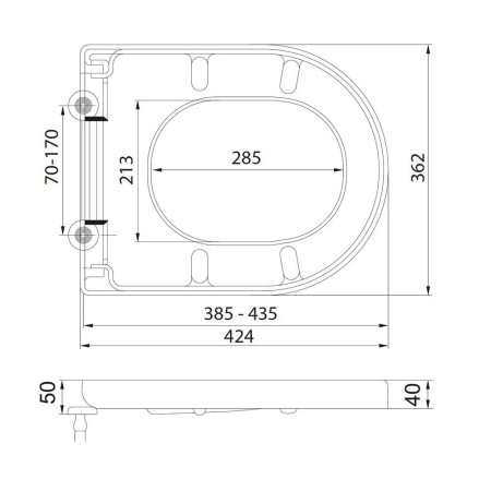 SEAT005 Scudo Spa Short D Shape Soft Closing Toilet Seat Line Drawing