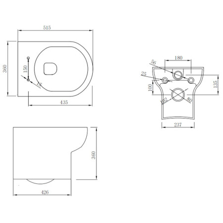 SPACE010/SEAT002D Scudo Spa Wall Hung Pan & Soft Closing Seat Line Drawing