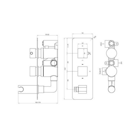 CONCEALED010 Scudo Squared Handle Two Outlet Concealed Shower Valve with Diverter in Chrome Dimensions
