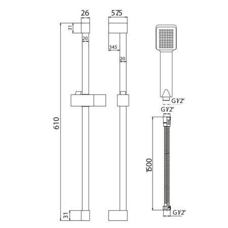 RISERKIT001 Scudo Squared Riser Rail Kit with Single Function Handset in Chrome Line Drawing