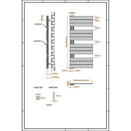 THAM1150-500-W Scudo Thames 1150 x 500mm Towel Radiator in Matt White Dimensions