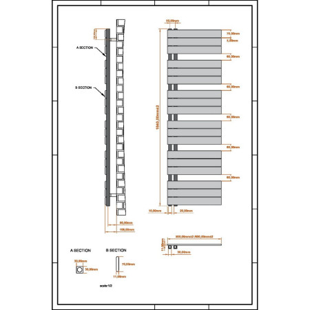 THAM1640-600-W Scudo Thames 1640 x 600mm Towel Radiator in Matt White Dimensions
