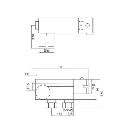 DOUCHE003 Scudo Thermostatic Douche Vertical Valve in Chrome Dimensions