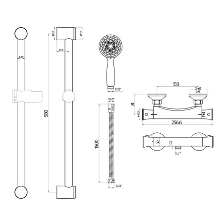 EXPOSEDKIT002 Scudo Tidy Round Brass Bar Valve with Riser Kit and Fast Fix Brackets Line Drawing