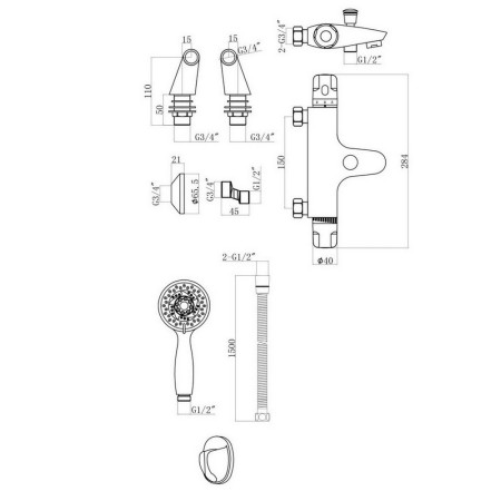 TAP065 Scudo Tidy Thermostatic Bath Shower Mixer Wall or Deck Mounted in Chrome Line Drawing