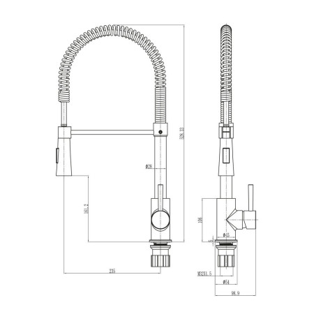 NICK38 Scudo Tirare Brushed Nickel Kitchen Tap with Pull Out Spray Line Drawing