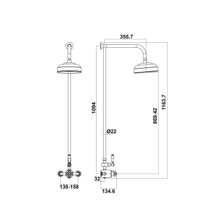 SHOWER005 Scudo Traditional Chrome Rigid Riser Shower with Fixed Head Line Drawing