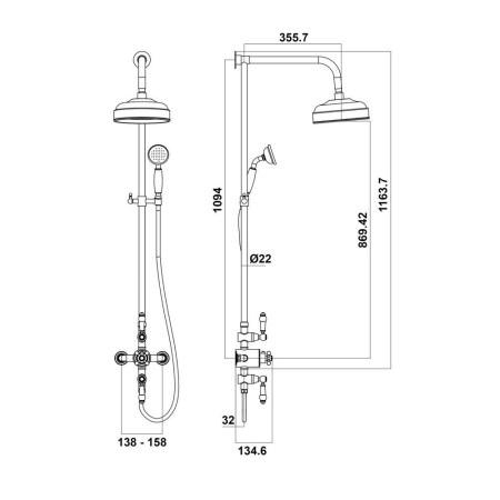 SHOWER006 Scudo Traditional Chrome Rigid Riser Shower with Fixed Head and Handset Line Drawing