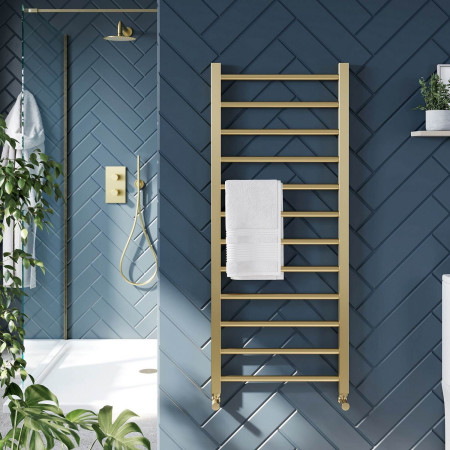 VI-12-50-BB Scudo Vibe 1200 x 500mm Towel Radiator in Brushed Brass Bathroom Setting