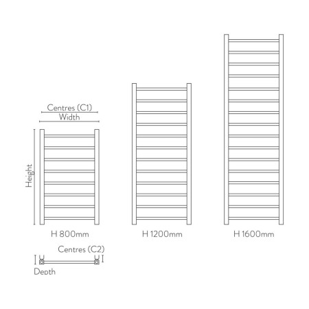 VI-16-50-BZ Scudo Vibe 1600 x 500mm Towel Radiator in Brushed Bronze Line Drawing