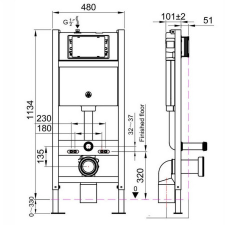 WC-FRAME002 Scudo WC Frame and Cistern Line Drawing