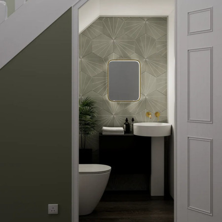 SE170026T0 Sensio Aspect Rectangular 800 x 600mm Brushed Brass LED Mirror Lifestyle