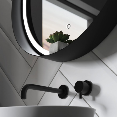 SE30398T0 Sensio Dawn Matt Black 600mm LED Bathroom Mirror with Shelf Lifestyle